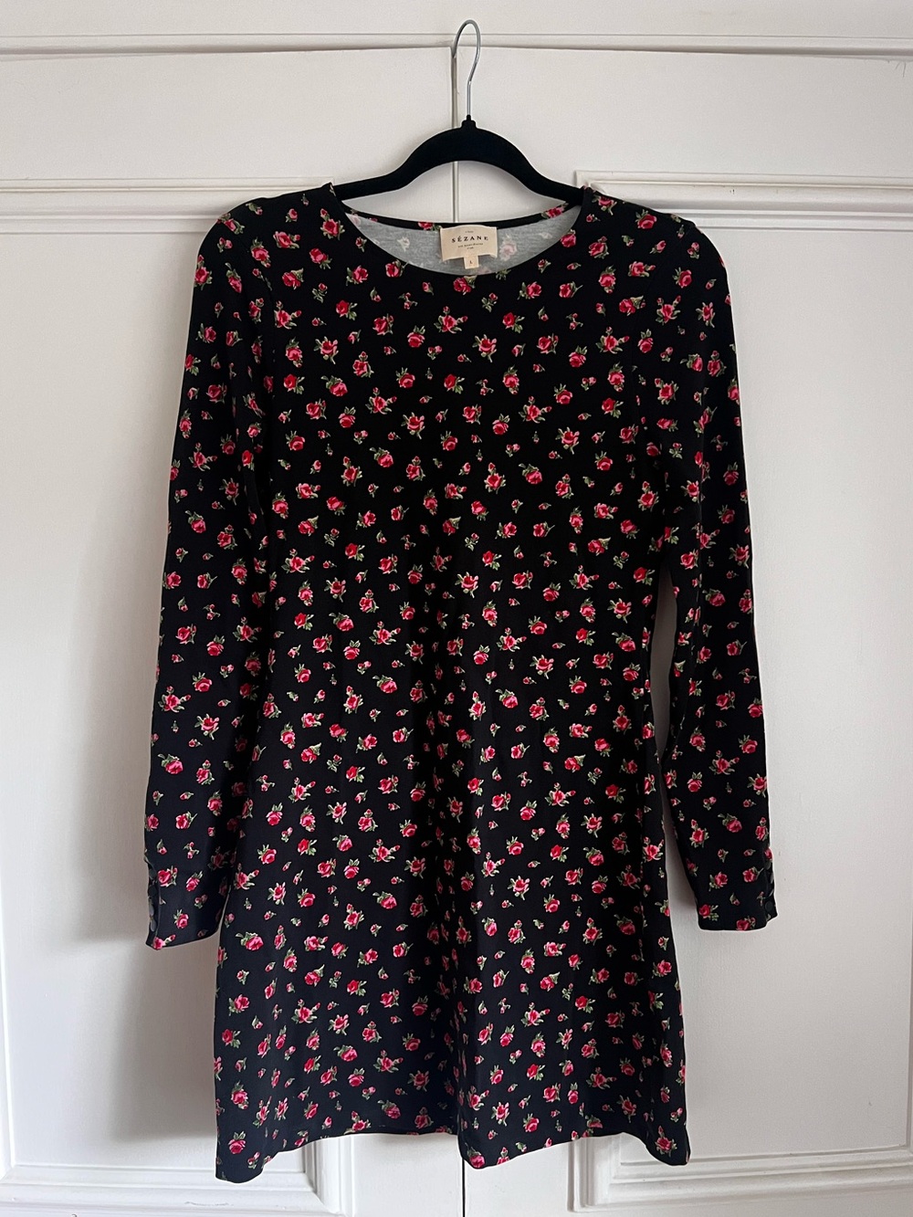 Sézane Livia Black Mini Dress with Pink Floral Print — Long Sleeve